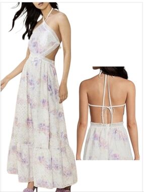 NWT Gianni Bini Delaney Eyelet Halter Cut-Out Maxi Dress 12 Cosmos Tie Dye